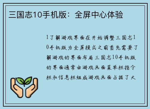 三国志10手机版：全屏中心体验