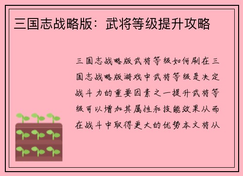 三国志战略版：武将等级提升攻略